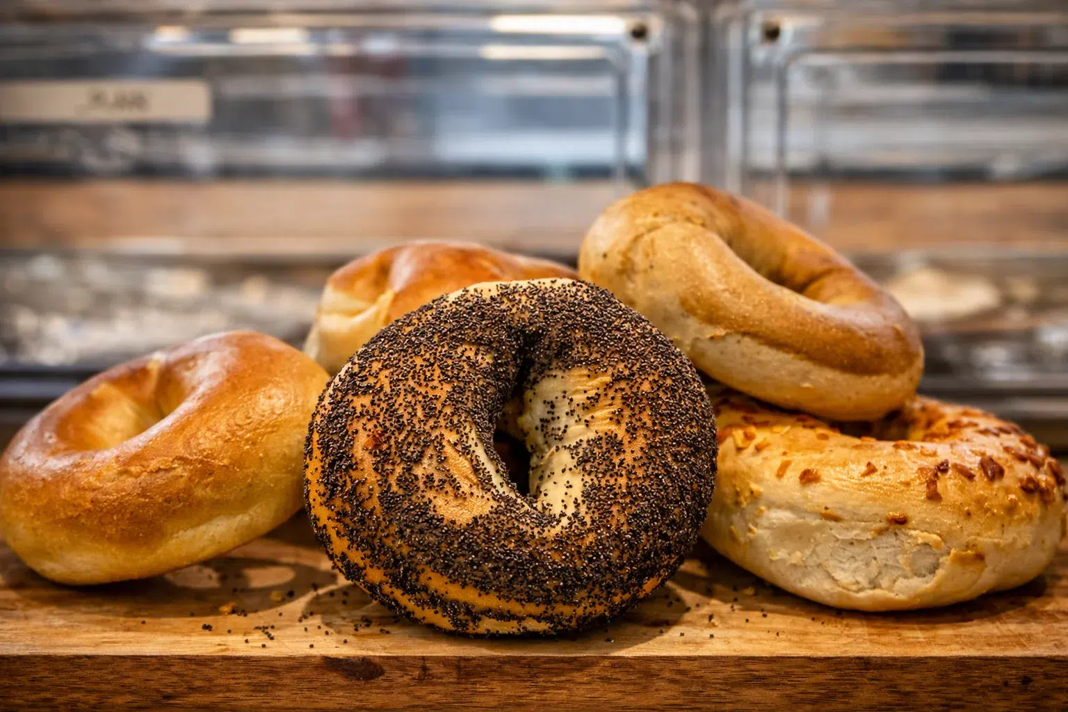 An assortment of golden bagels with poppy seed, plain and cheese toppings on a wooden board